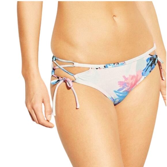2 FOR $5 SALE NWT Joy Lab Tie Hipster Bikini Bottom Medium Blue Floral - Picture 2 of 10